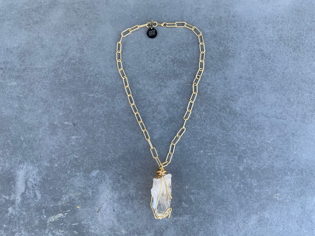 Wire Wrapped Large Quartz on Matte Gold Chain