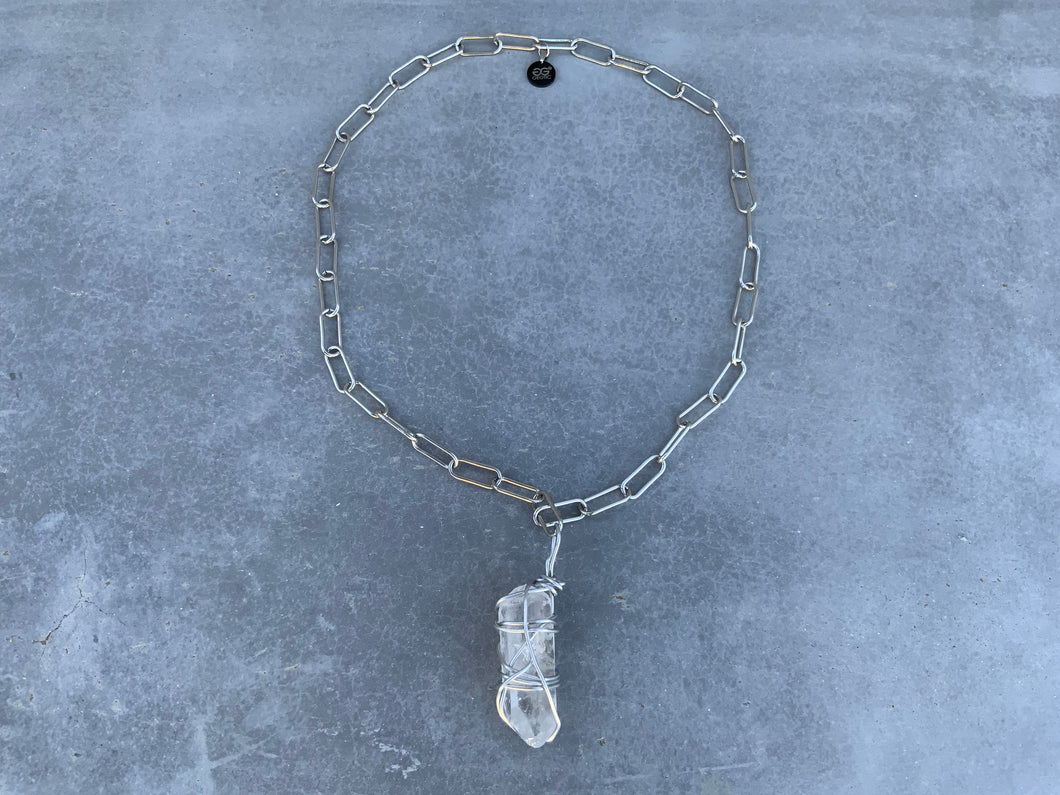 Wire Wrapped Quartz on Long Silver Chain