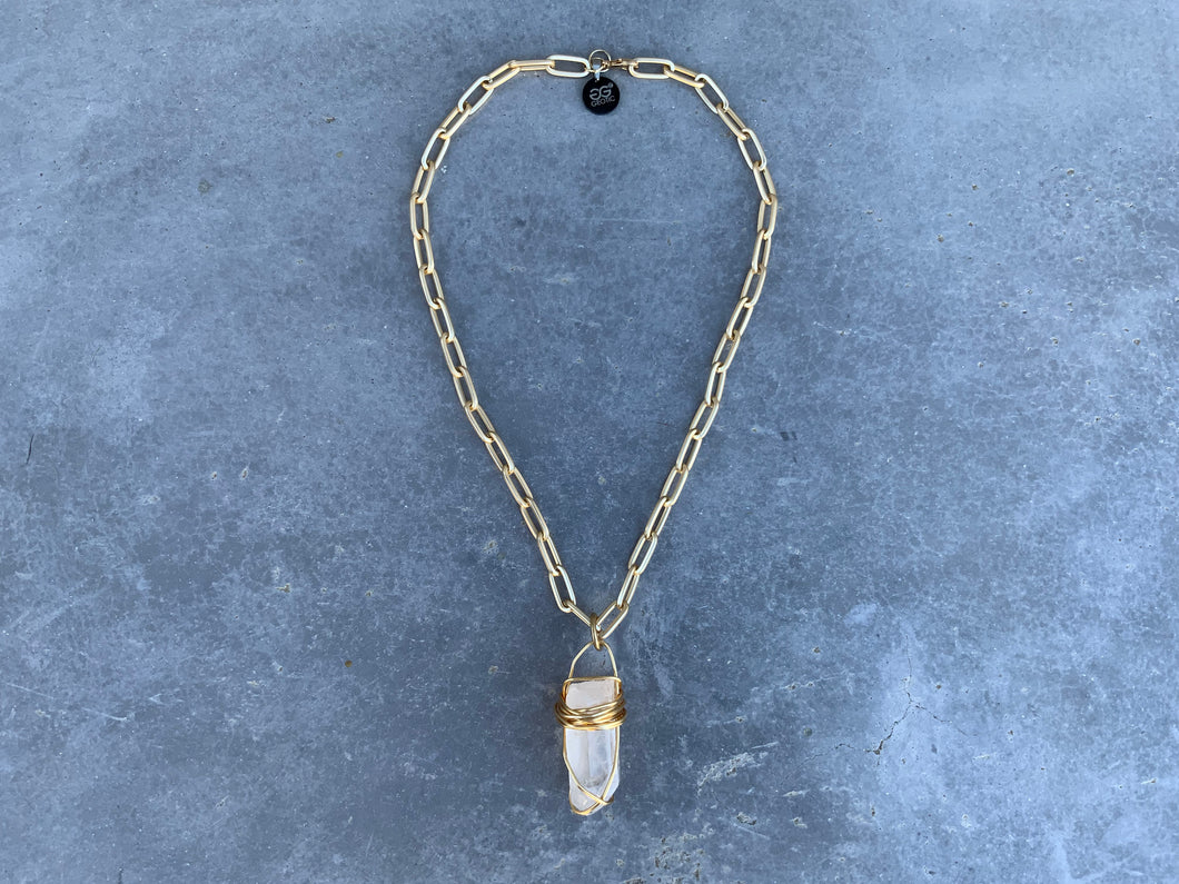 Wire Wrapped Quartz on Matte Gold Chain